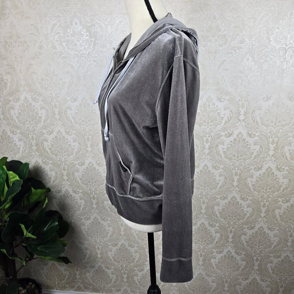 DKNY Sz Large Gray Velour Zip Front Casual Jacket Drawstring Hood Front Pockets